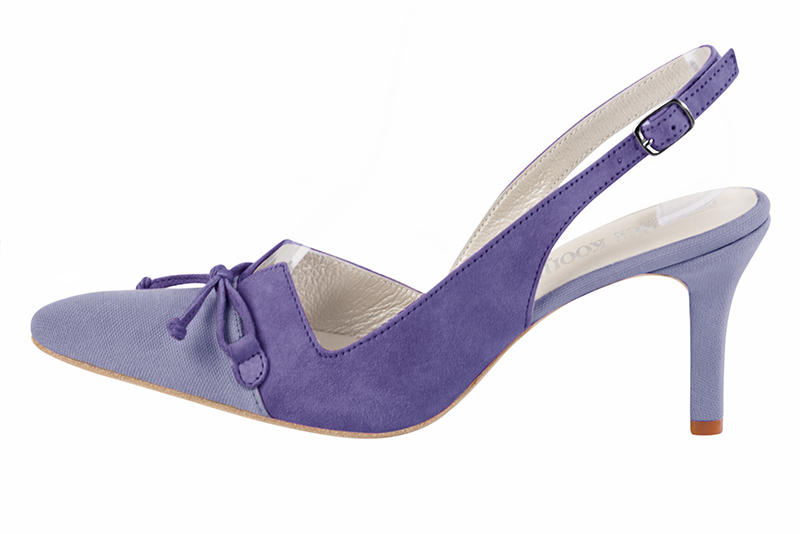 Lavender purple women's dress pumps, with a knot on the front. Tapered toe. High slim heel. Profile view - Florence KOOIJMAN